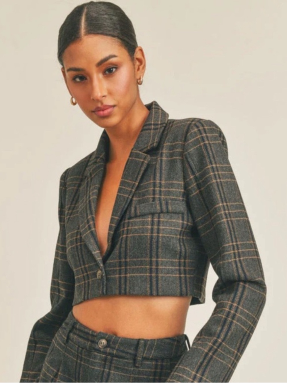 Sage Cropped Plaid Blazer in Charcoal with Tan Windowpane